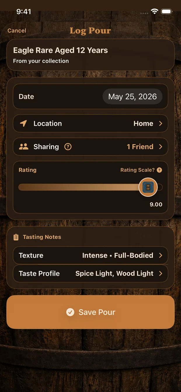 MyRickhouse Log Pour screen